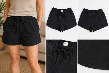 Black women lounge shorts with drawstring waist and deep pockets made from hemp organic cotton blend