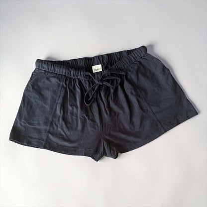 Black women's lounge shorts with drawstring waist and deep pockets made from hemp and organic cotton blend