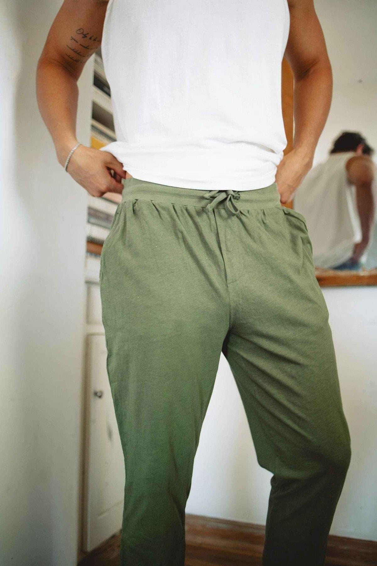 Comfortable Loungewear Men Hemp Cotton Joggers Drawstring Pants Elastic Free Waist Relaxed Fit Casual Bottoms Organic Fabric Blend Breathable Lightweight Design Four Functional Pockets Tapered Ankle Style Sustainable Home Wear Soft Jersey