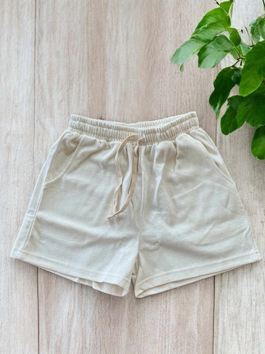 Women's hemp and organic cotton jersey shorts with elastic waist and drawstring, ideal for comfort and sustainability.