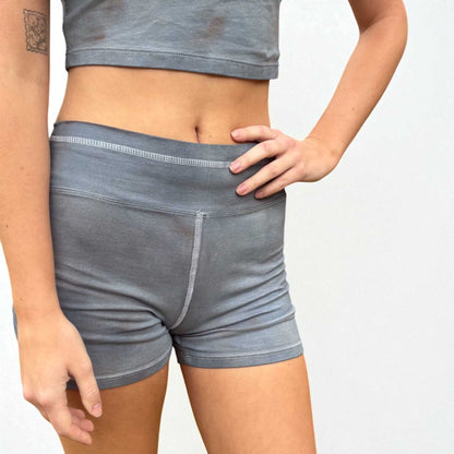 imperfect tie dye hemp blend yoga shorts in blue-gray color with minor flaws sustainable eco-friendly apparel