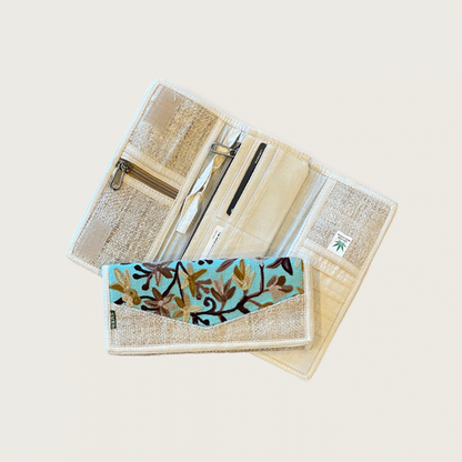 Embroidered Wallet - Women's Handmade Hemp Wallets - Lime, Aqua, Cream