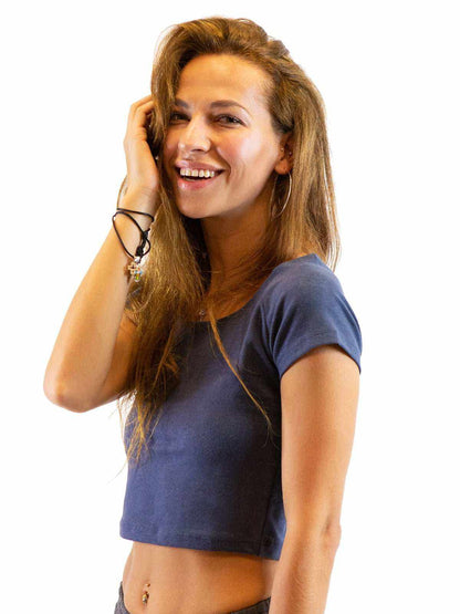 Cotton Crop Top in navy blue fabric with short sleeves, a scoop neckline and a fitted cropped silhouette