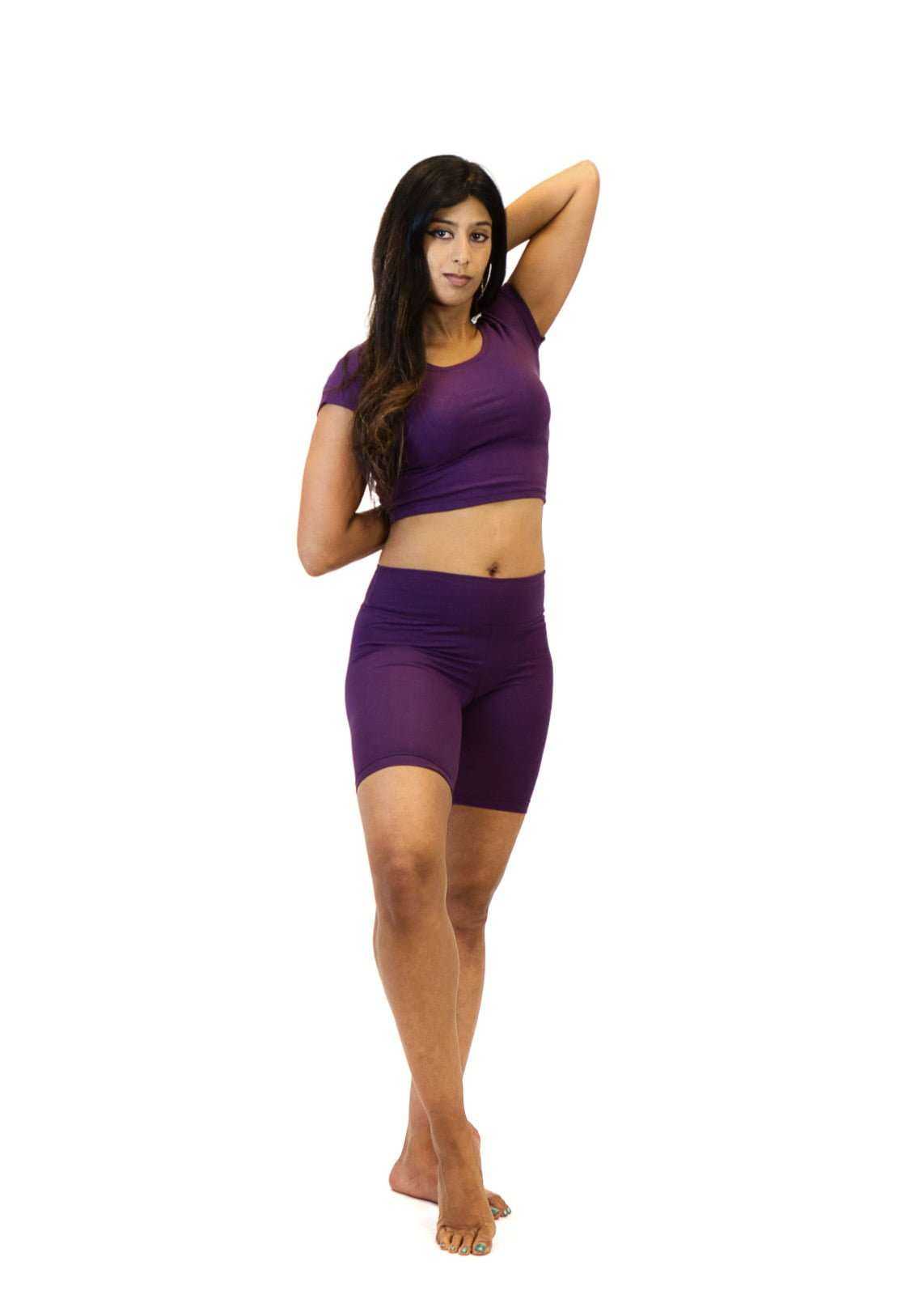 Cotton Crop Top in deep plum, fitted short-sleeve stretch fabric with a scoop neck and cropped hem