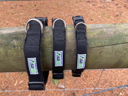 Hemp Dog Collar in black woven webbing with adjustable plastic buckles, chrome D-rings and green brand tags