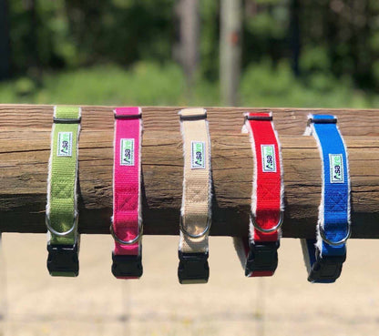 Hemp Dog Collar with colorful green, pink, beige, red and blue webbing, fleece lining, metal D-ring and black buckle