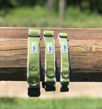Hemp Dog Collar in olive green woven webbing with white fleece lining, black buckle and metal leash ring