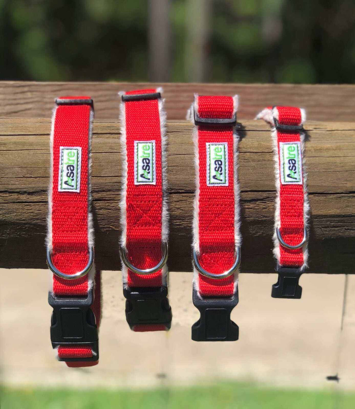 Hemp Dog Collar in bright red woven webbing with soft white fleece lining, black plastic buckle and metal D-ring