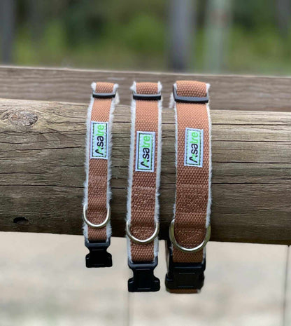 Hemp Dog Collar in three adjustable widths, with tan woven webbing, brown fleece lining, metal D-rings and black buckles
