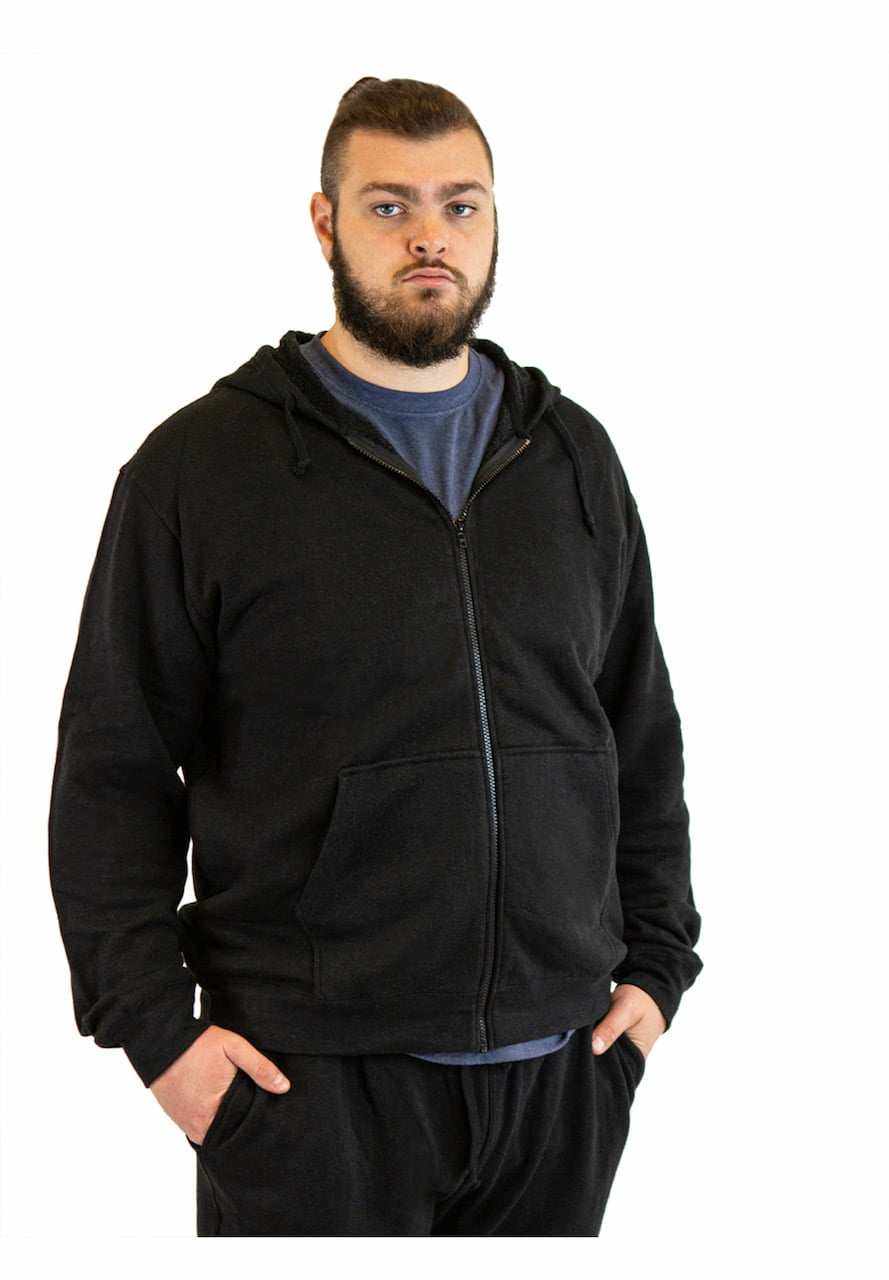 Hemp Hoodie in black with a soft-looking fabric, full front zipper, drawstring hood, and split front pockets