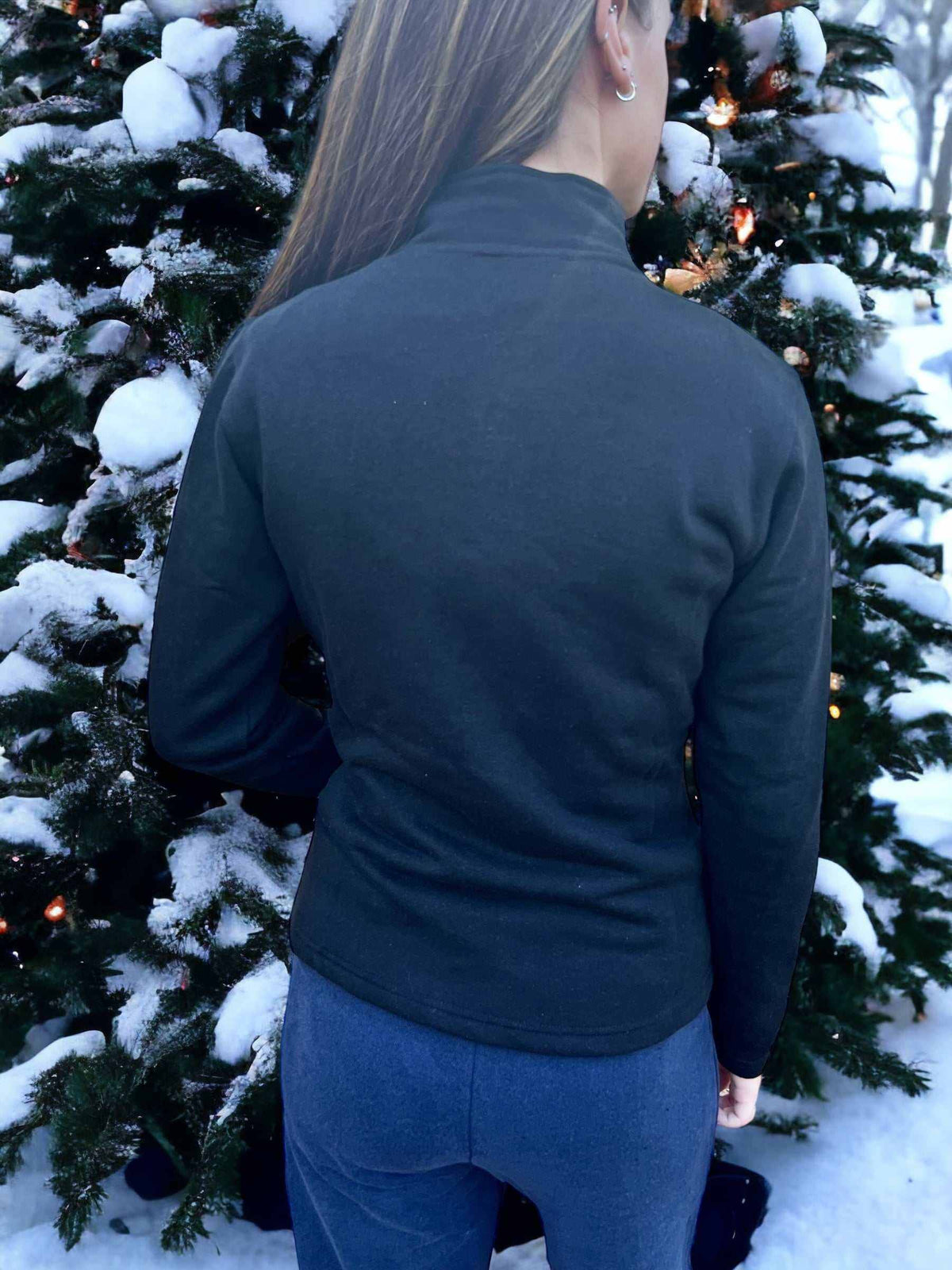 Hemp Jacket in dark charcoal fleece, shown from the back with a high collar, long sleeves and fitted shape