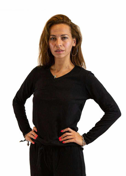 Hemp Shirt in black stretch cotton blend with fitted long sleeves and a classic V-neckline