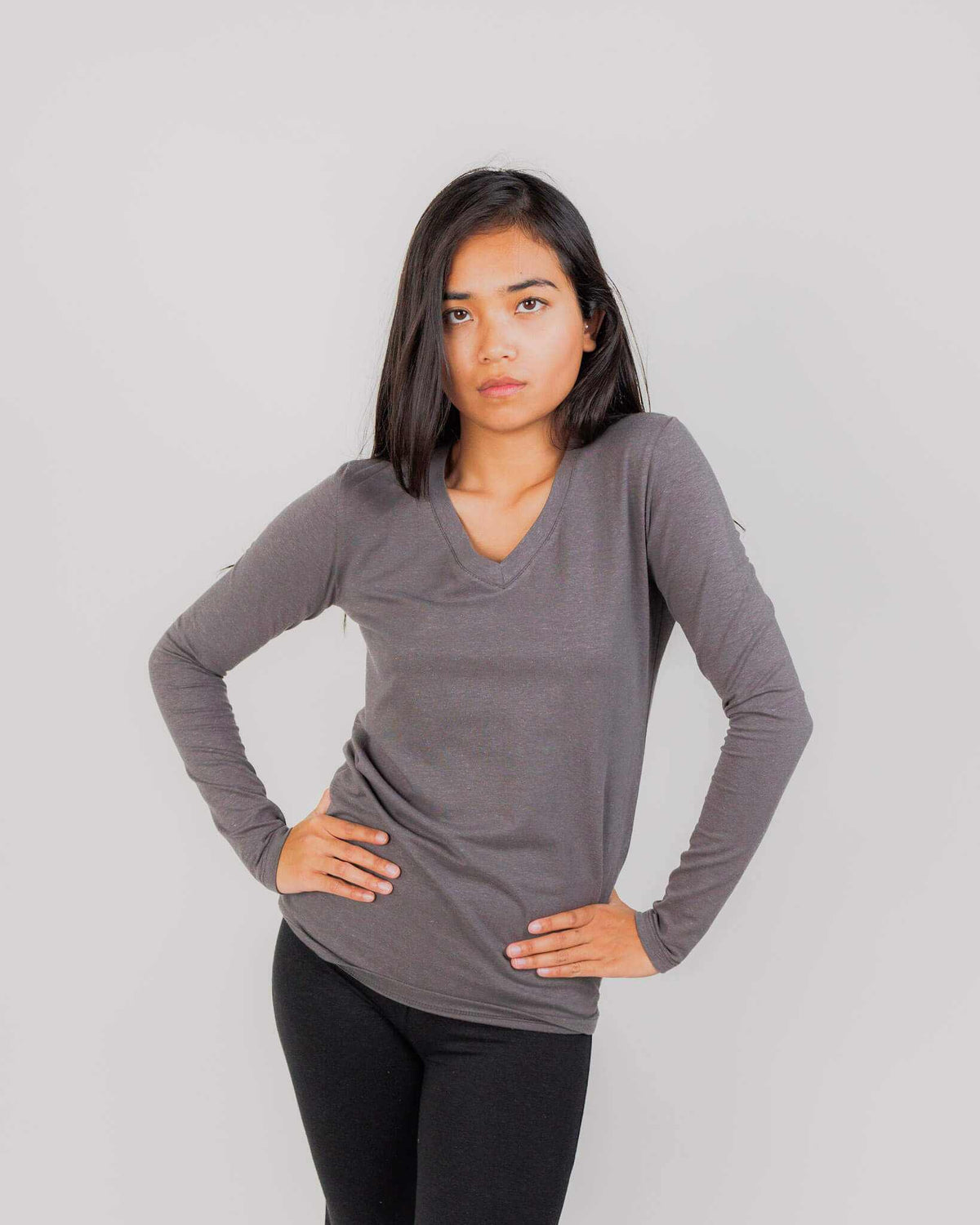 Hemp Shirt in charcoal gray with a soft stretch fabric, fitted long sleeves and a V-neckline