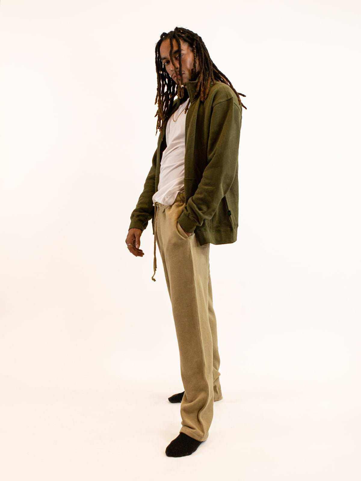 Hemp Sweatpants in a beige fleece fabric with a relaxed straight-leg cut, drawstring waist and cuffed ankles
