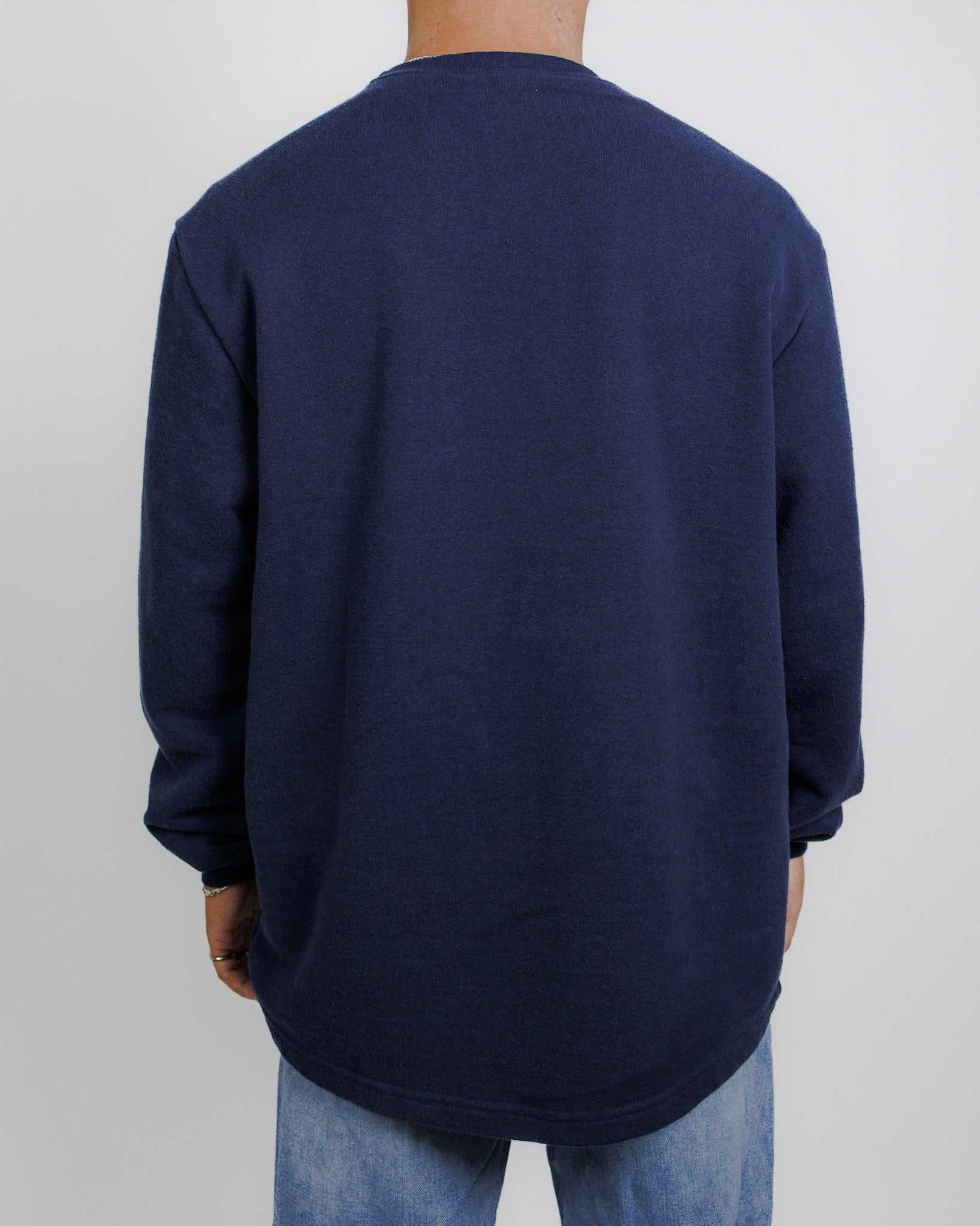 back view of navy unisex hemp french terry sweatshirt on model