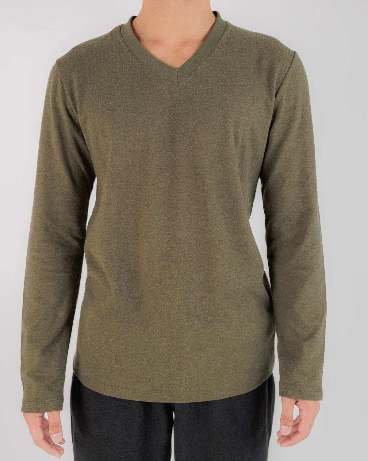Eco-friendly hemp v neck long sleeve shirt in olive green