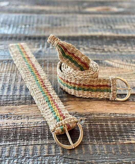 Rasta Belt woven from natural beige hemp with narrow red, yellow and green stripes and a brass-colored buckle