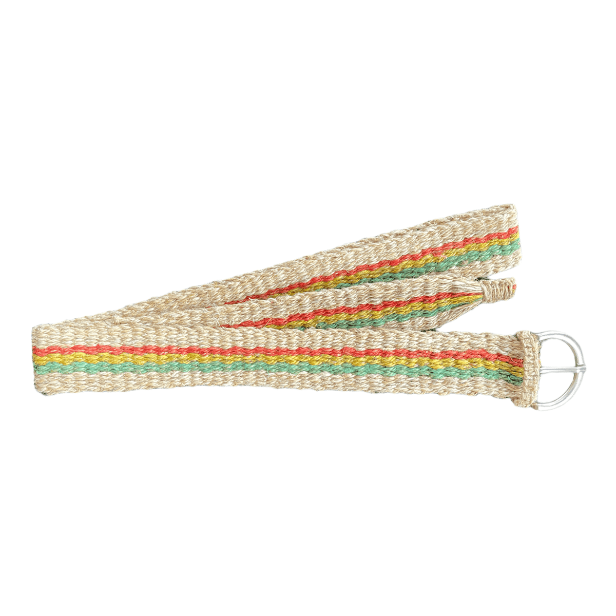 Rasta Belt in natural beige woven hemp with red, yellow and green stripes and a silver-tone buckle