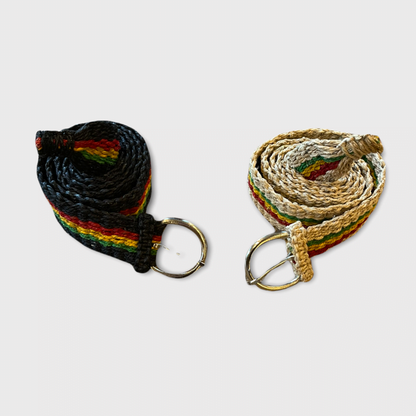 Rasta Belt in black and natural tan hemp with red, yellow and green stripes, woven texture and metal buckle