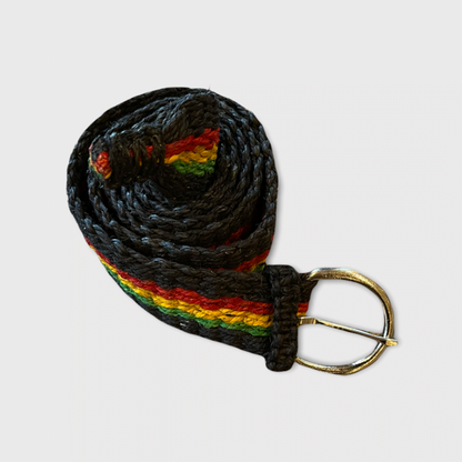 Rasta Belt with dark woven hemp fibers, red, yellow and green stripes, and a gold-tone metal buckle