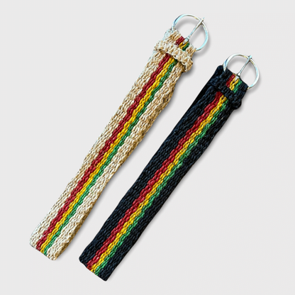 Rasta Belt pair of woven hemp straps in natural cream and black, each with red, yellow and green stripes and metal rings