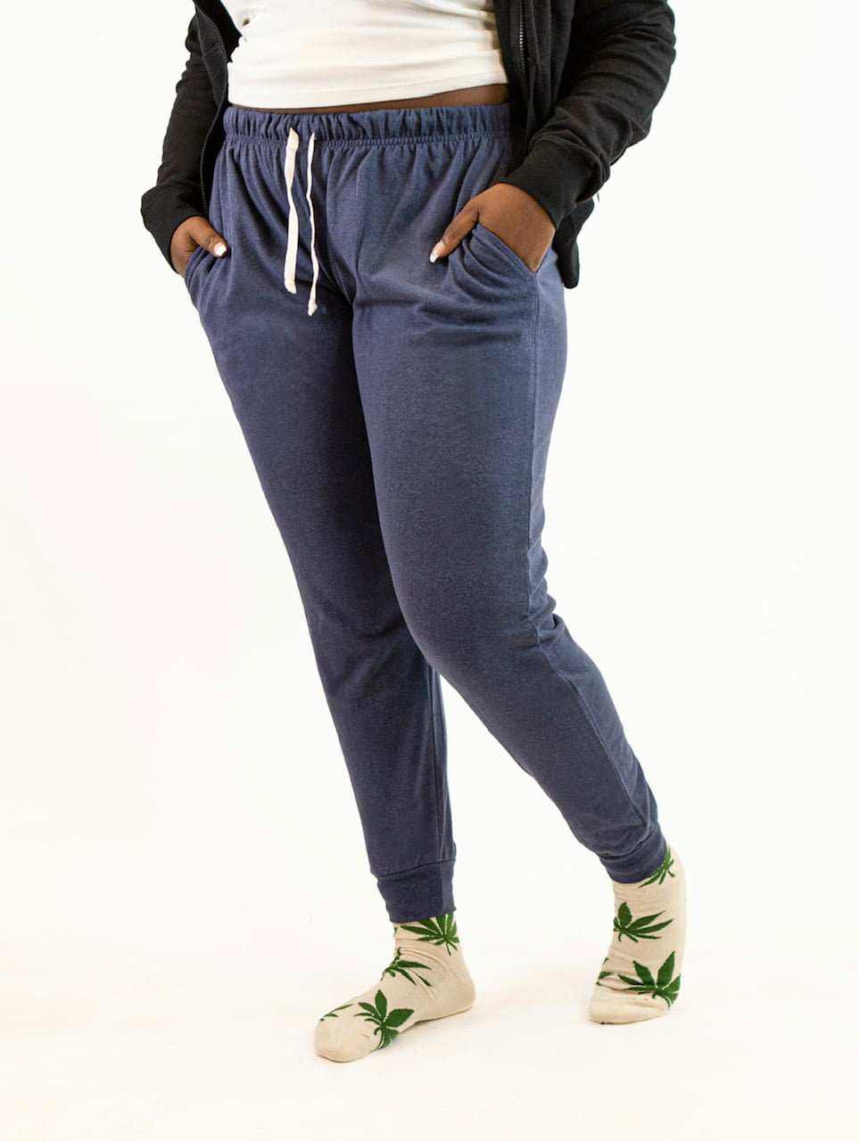 Women's blue hemp jersey joggers with drawstring waist and tapered leg